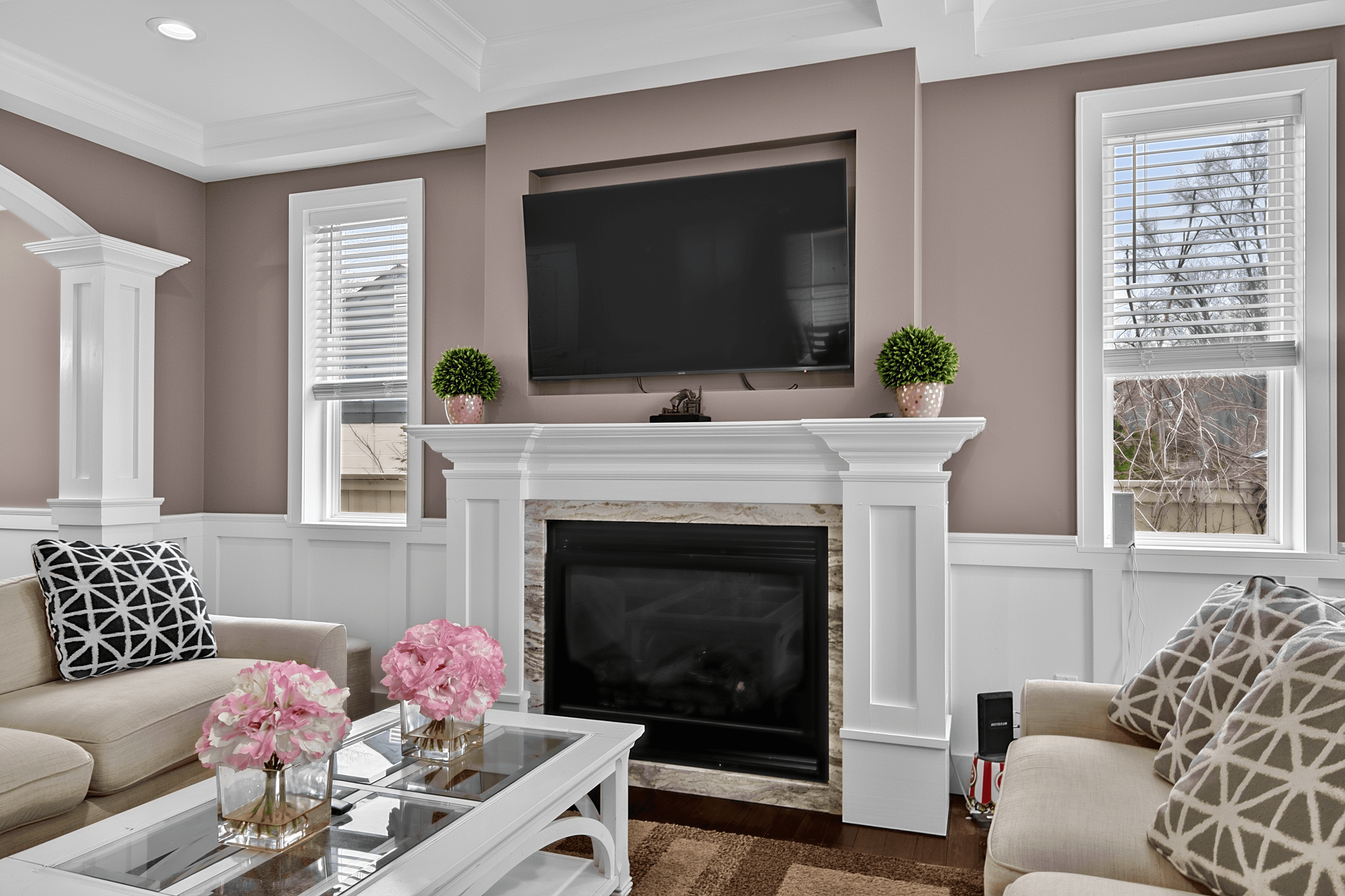 HDR-merged real-estate living room with balanced windows and shadow detail