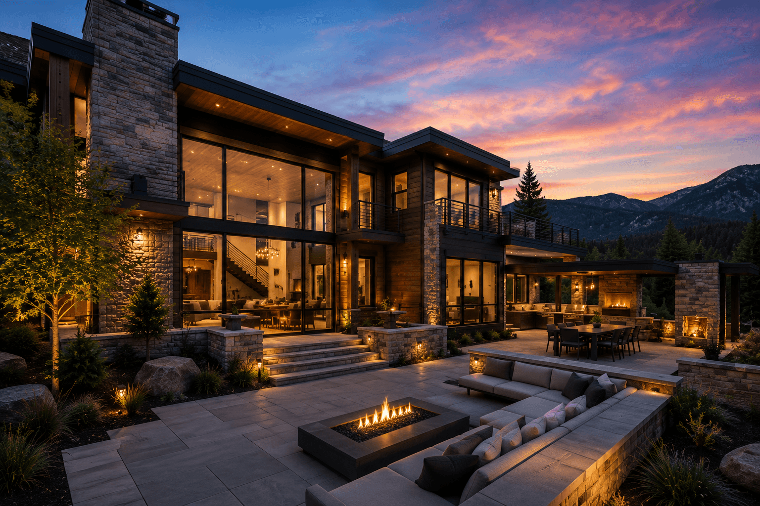 Twilight mountain home exterior with stone patio and fire pit