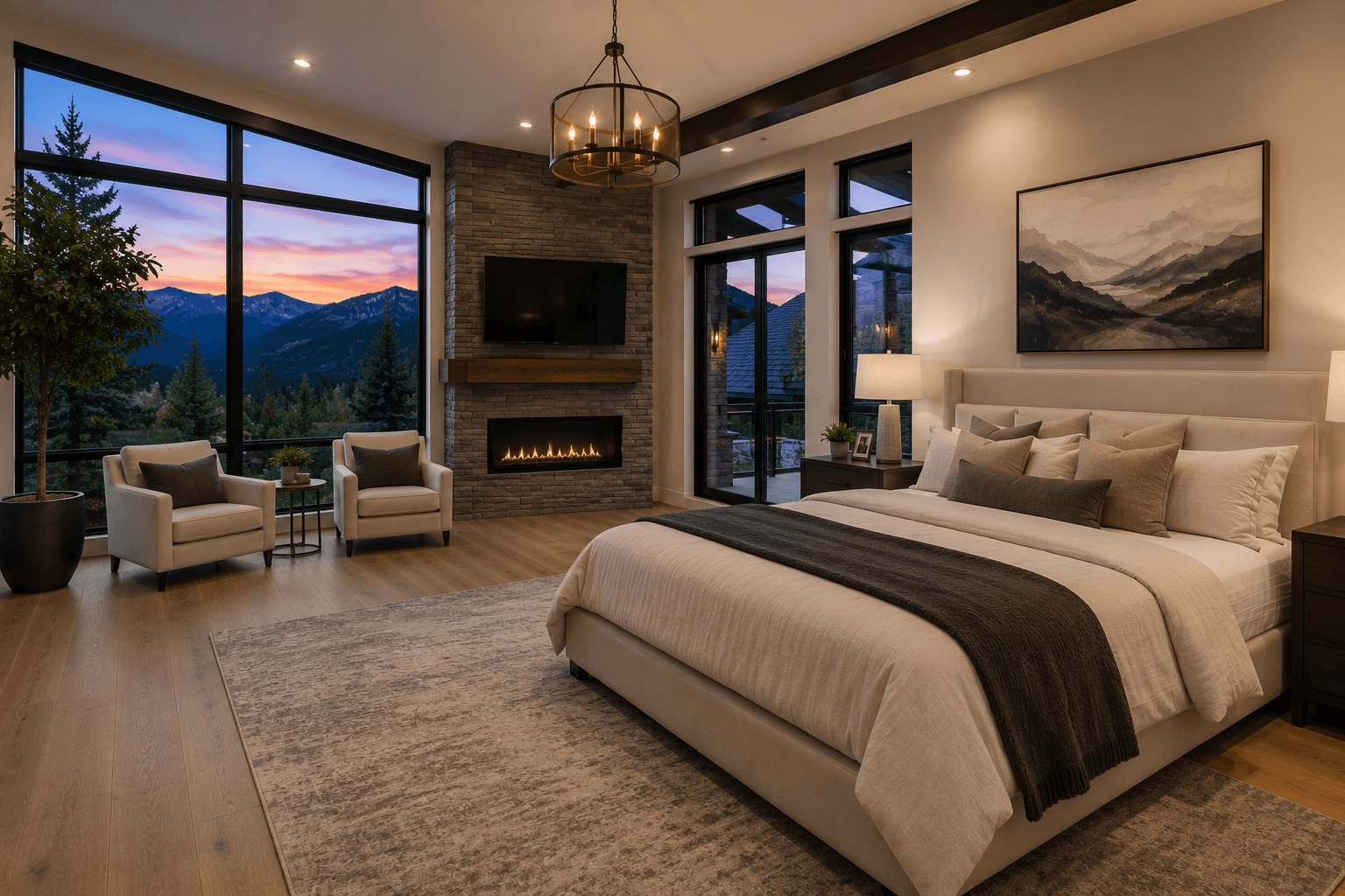 Master bedroom at twilight with mountain view and lit fireplace