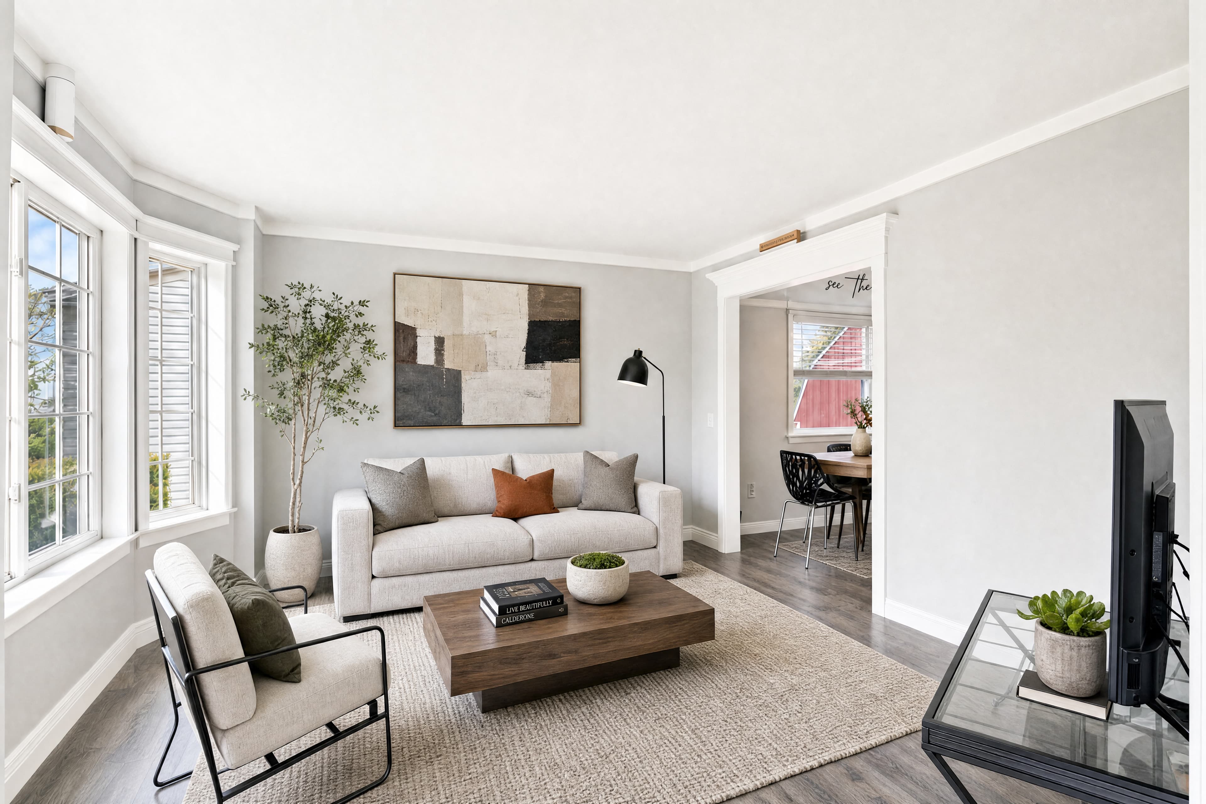 Virtually staged living room in Modern style — cream sofa, abstract painting, accent chair